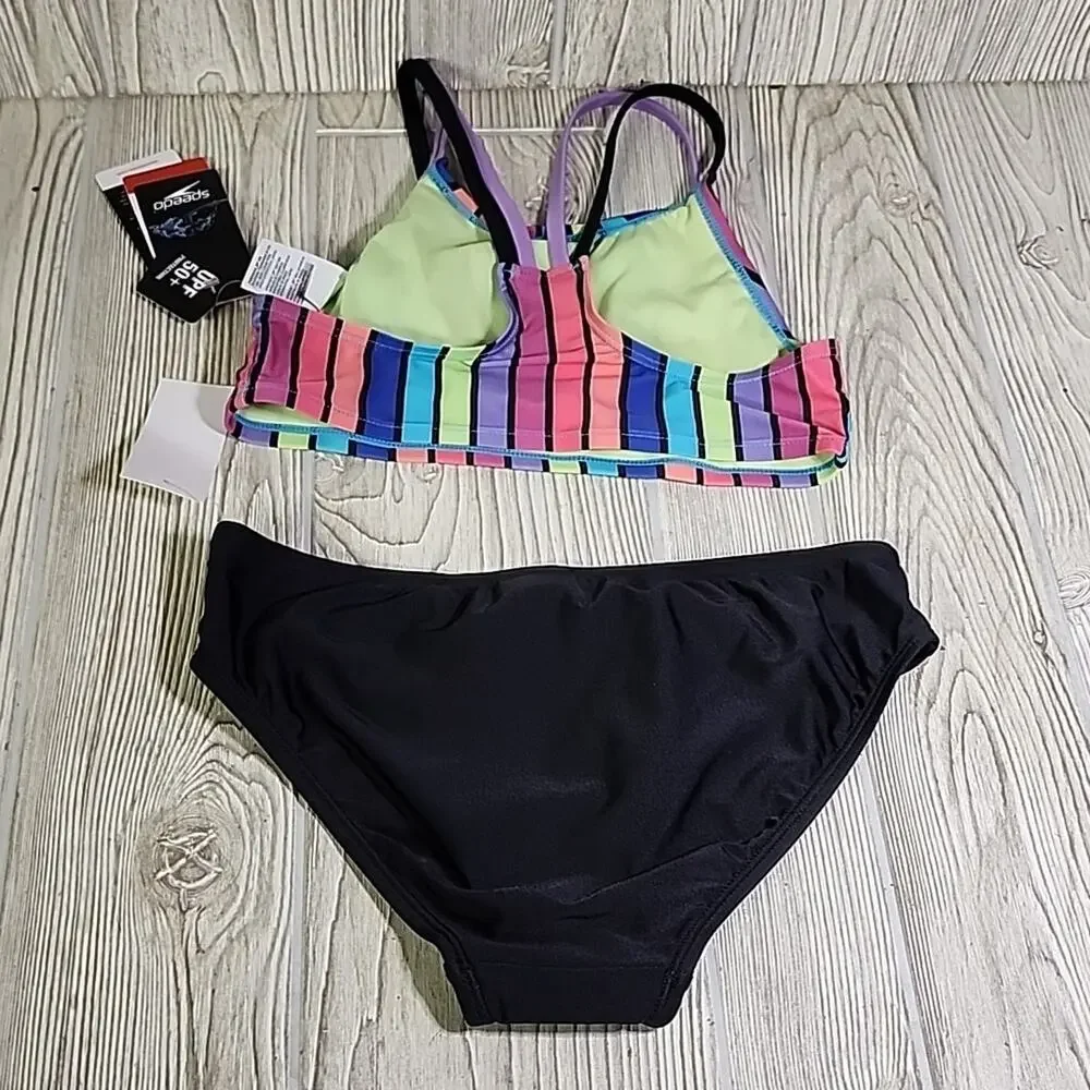 Speedo Girl's Size 14 Black Pink Blue Striped Bikini Swimsuit NWT